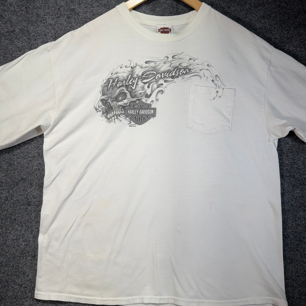 Harley-Davidson Las Vegas Flame Skull T-Shirt Mens XL White Graphic Pocket
